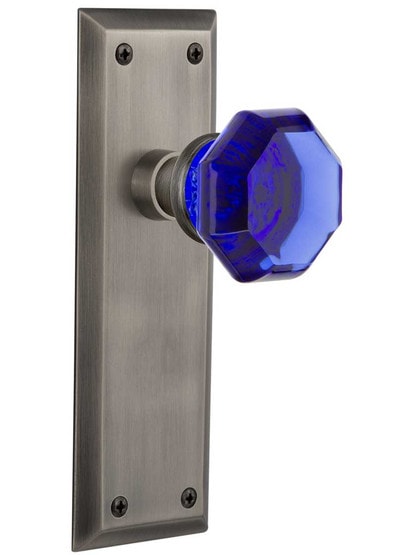 New York Door Set with Colored Waldorf Crystal Glass Knobs Cobalt Blue in Antique Pewter.